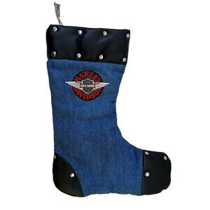Harley Davidson Christmas Stocking Blue Denim Faux Black Leather Chain Hanger